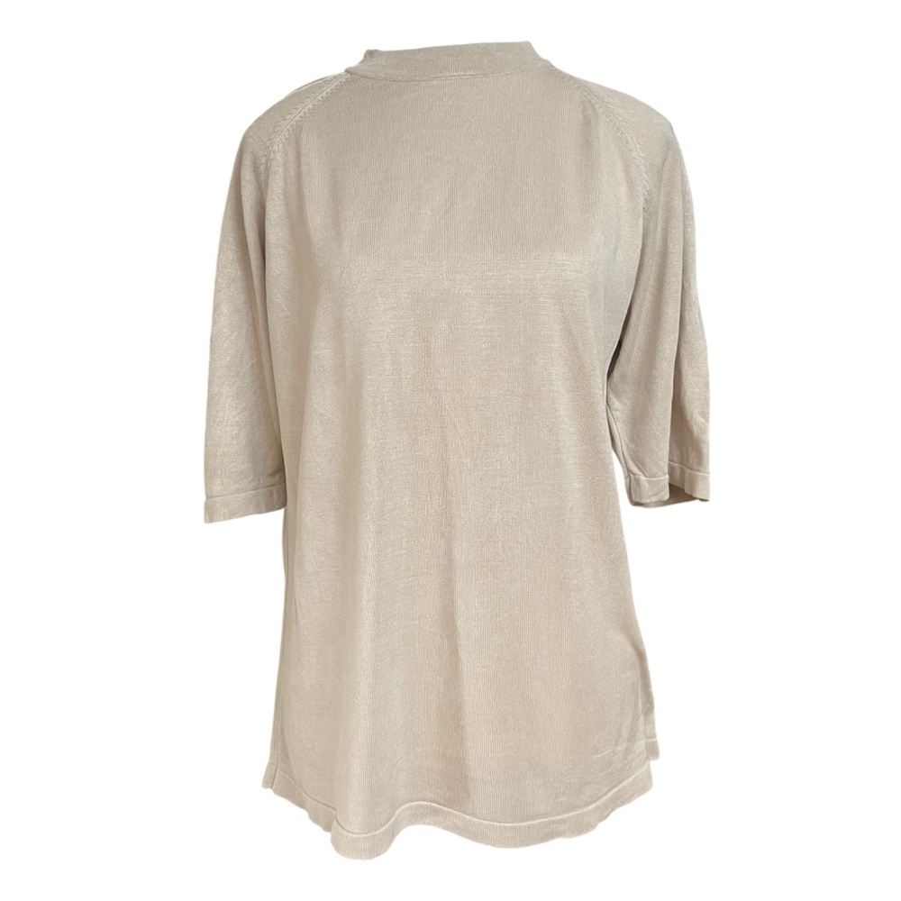 Women's Beige‎ Silk Mock Neck Top Basic Essentials Capsule Piece